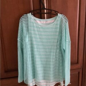 GARNET HILL TURQUOISE AND WHITE STRIPED TANK TOP WITH CROCHET OVERLAY SZ XL